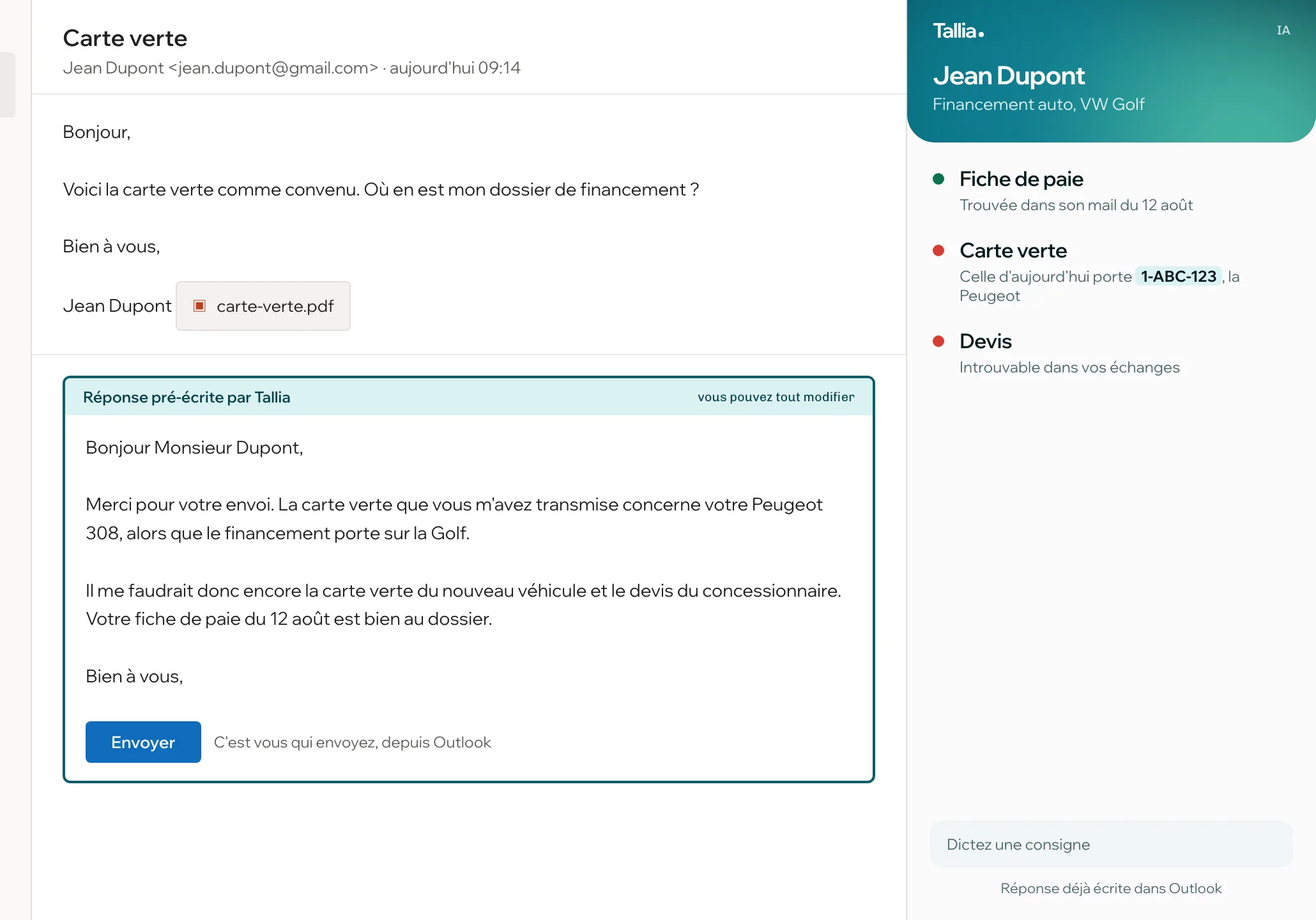Outlook ouvert sur un mail de Jean Dupont. À droite, le panneau Tallia liste trois pièces pour le dossier de financement auto : fiche de paie au dossier, carte verte du mauvais véhicule, devis introuvable. Sous le mail, une réponse déjà rédigée.